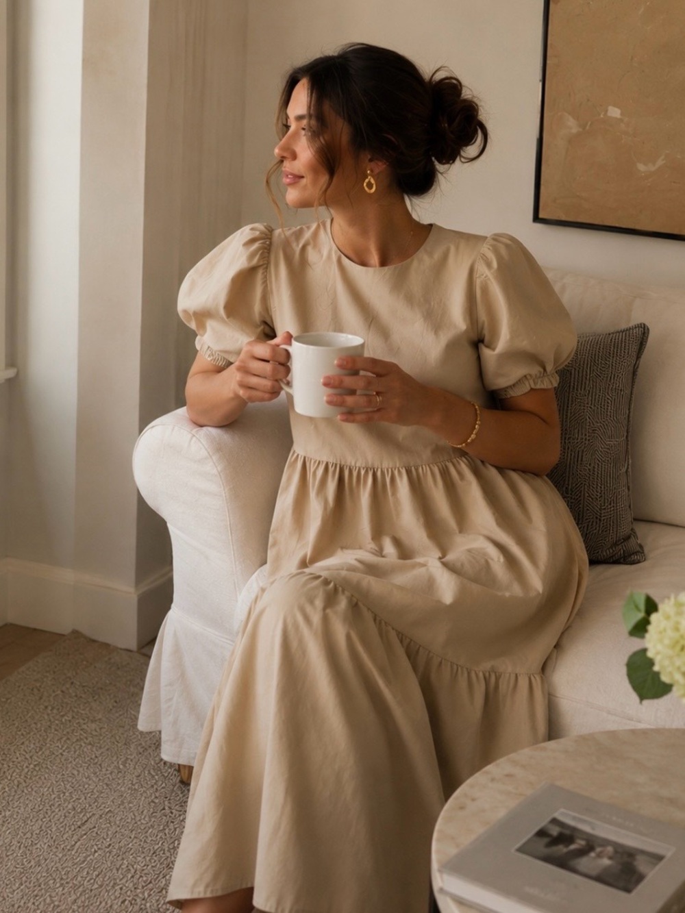 Zara Poplin Tiered Midi Dress Camel Puff Sleeve Asymmetric Hem Pockets Small